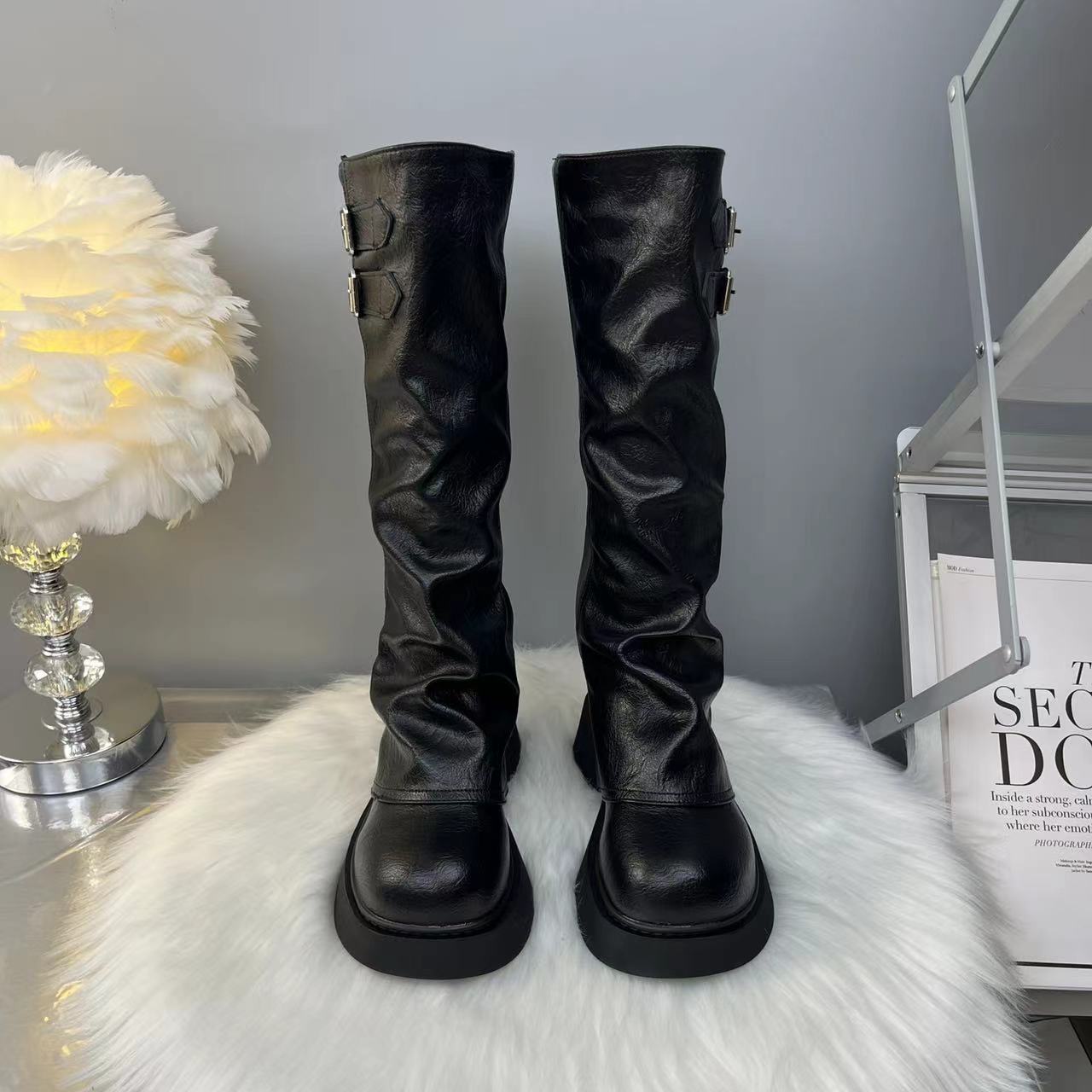 骑士厚底胖mm白色靴子网红女靴粗跟秋冬时装靴高筒靴长筒瘦瘦靴