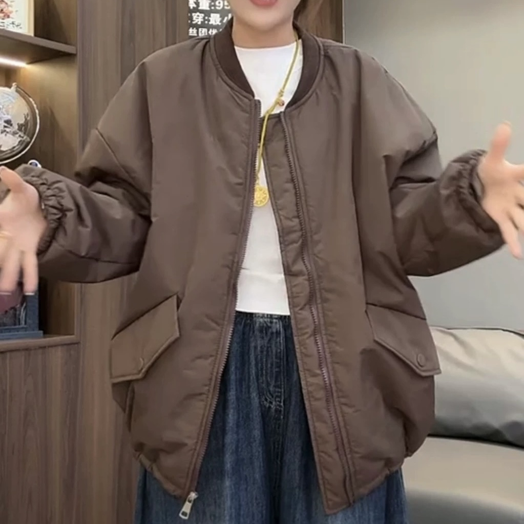 棒球服二棉欧货2025秋季新款百搭圆领单排扣纯色简约棉服外套女潮