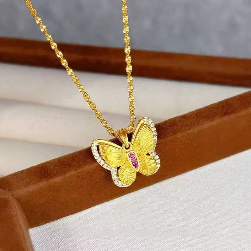铜合金吊坠 2年质保不掉色金店同款闪耀双层蝴蝶点钻项链金色
