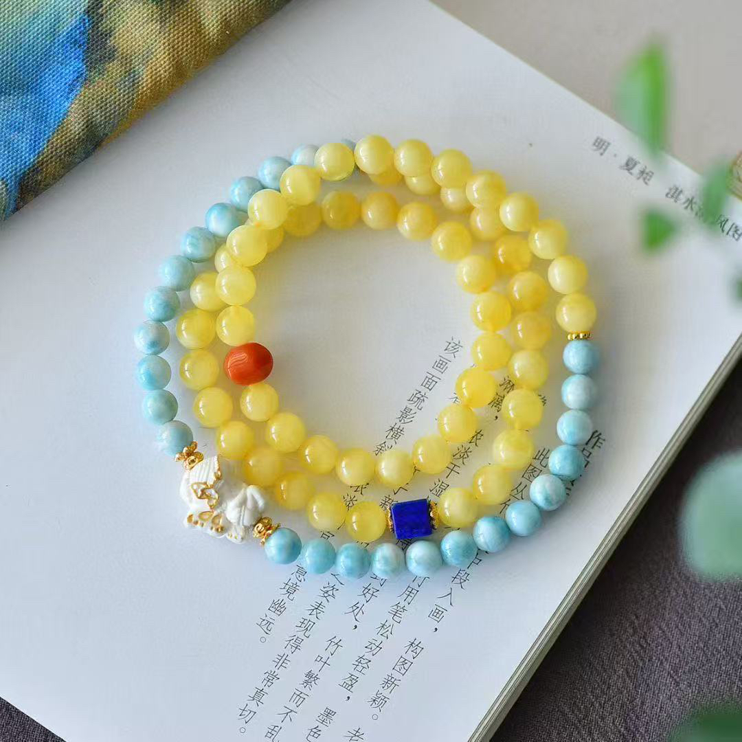 天然俄罗斯鸡油黄蜜蜡设计精致手串多圈