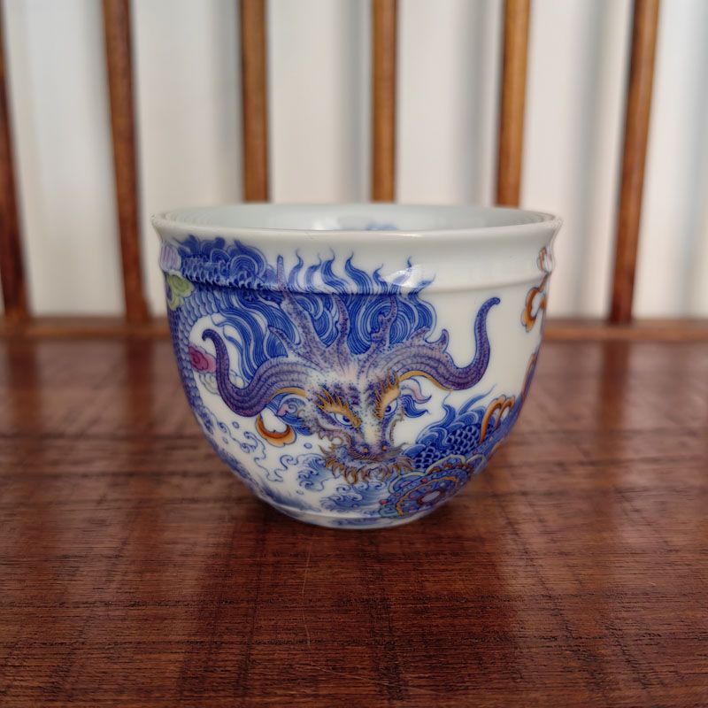 空山明月青花斗彩囚牛主人杯景德镇陶瓷茶具海水纹囚牛缸杯茶杯