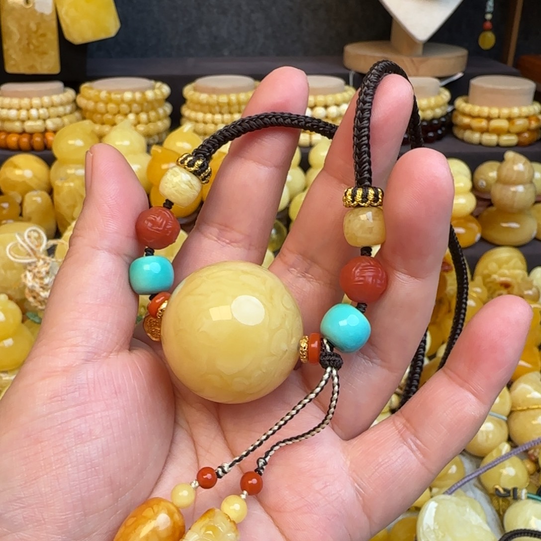 琥珀未镶嵌套链天然俄料浓白妖花蜜蜡圆珠锁骨