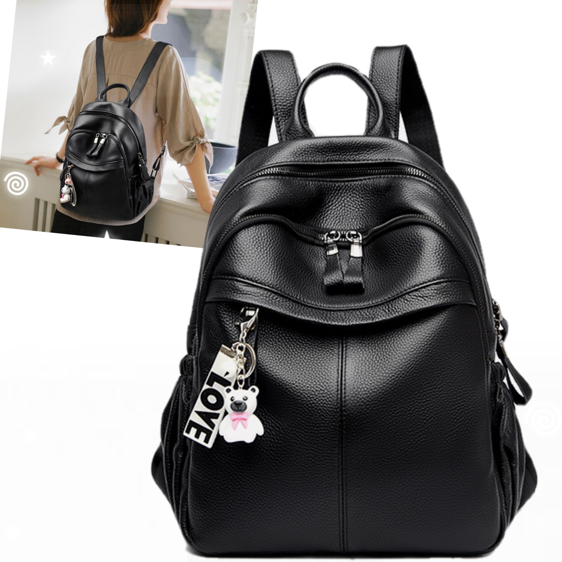 【头层牛皮双肩包】2025新款休闲时尚学院风潮流大容量女士包包