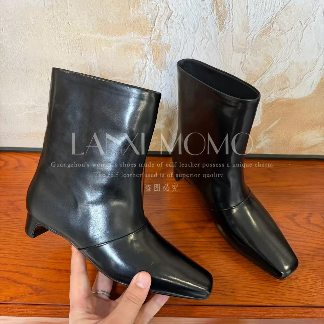 【LANXI  MOMO】时尚百搭黑色真皮粗跟英伦秋冬短靴25XZ835LX