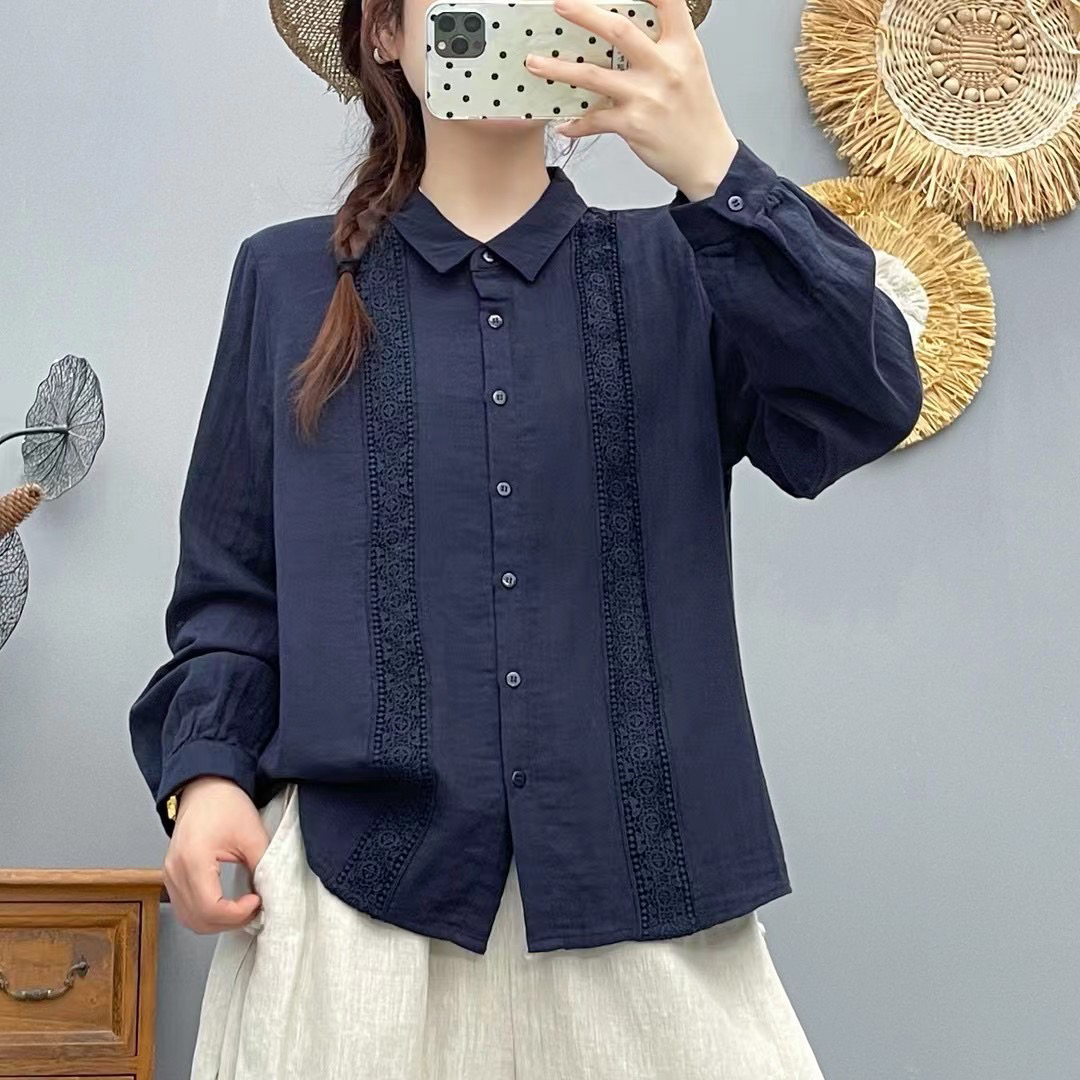 纯棉蕾丝拼接长袖尖领秋季女士复古刺绣百搭显瘦衬衫春秋气质衬衣