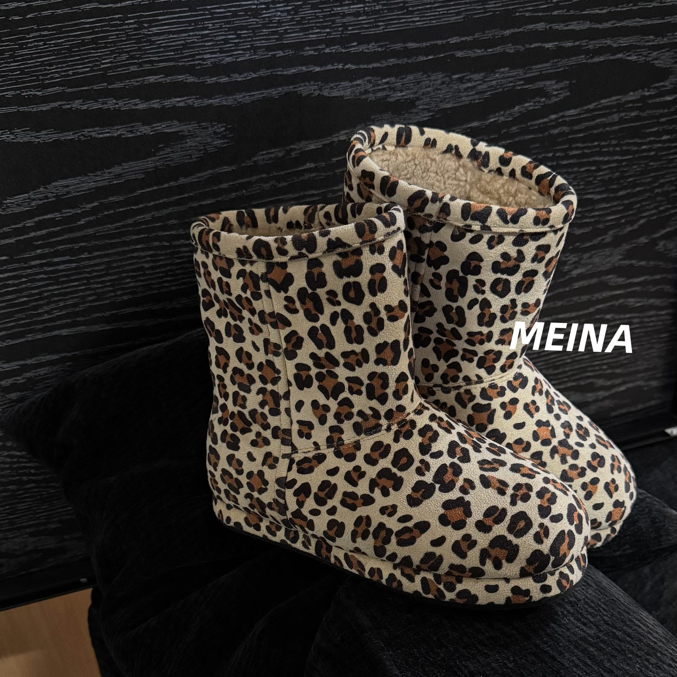 [美娜]冬季新款真皮真毛豹纹复古保暖雪地靴棉鞋