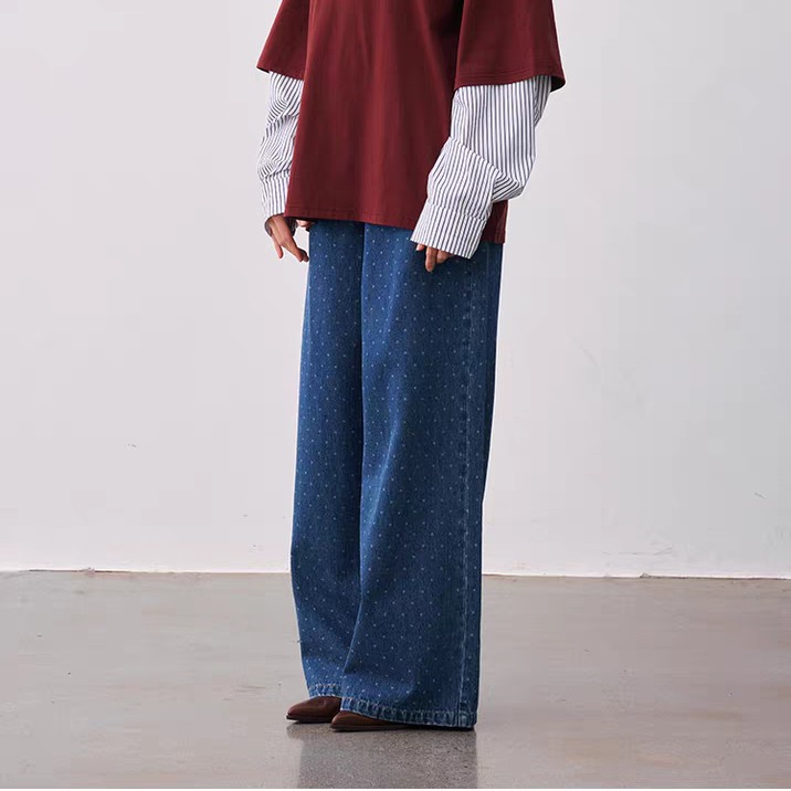 ANNAMOOER腰头拼接波点牛仔裤纯棉复古显高高级简约直筒裤子 蓝色