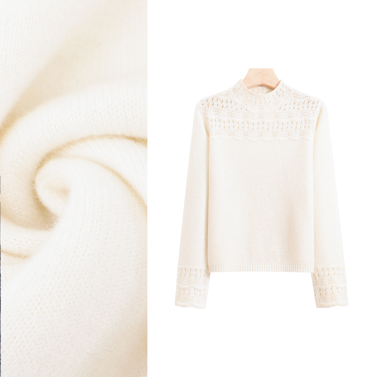 100%绵羊毛 半高领镂空钩花针织内搭女简约百搭新款上衣