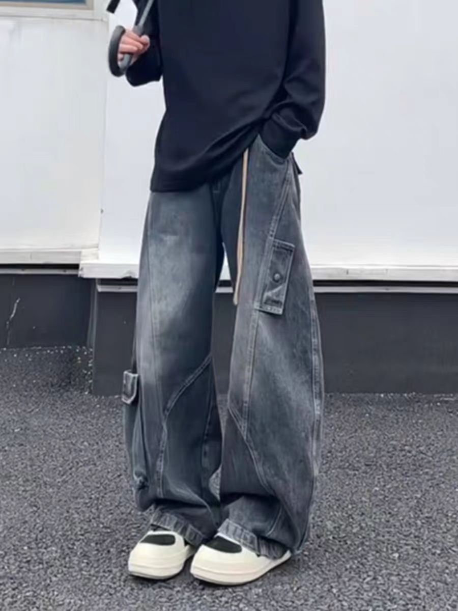 水洗长裤美式休闲风男牛仔裤阔腿裤无弹秋冬