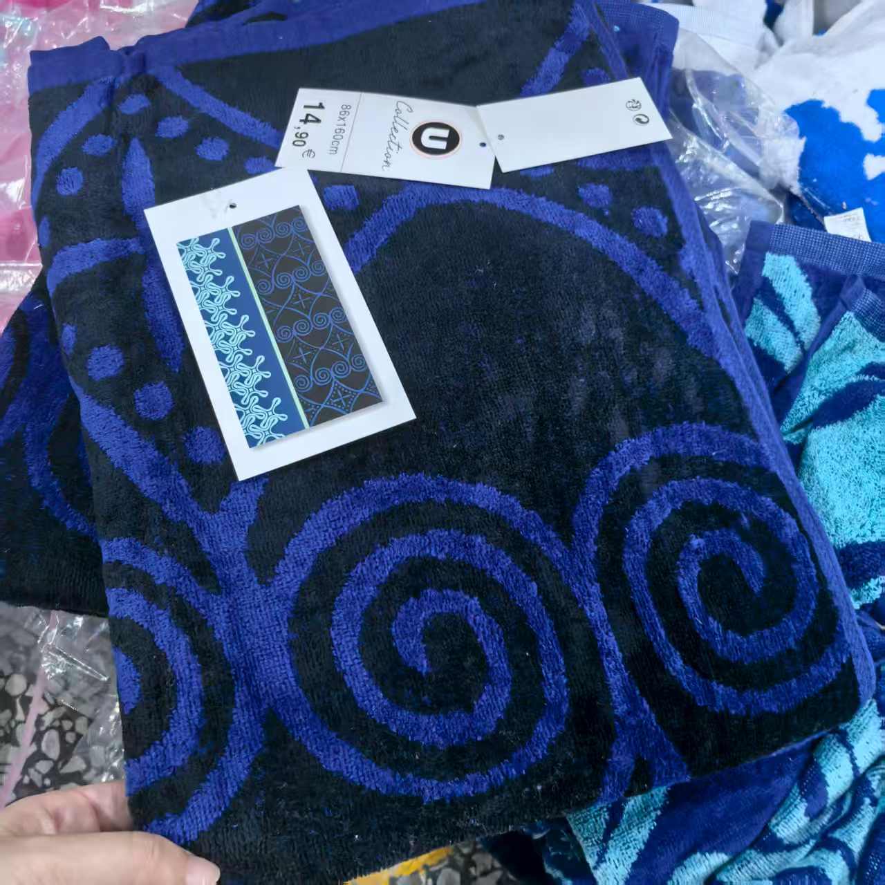 蓝黑图案纯棉浴巾，86*160