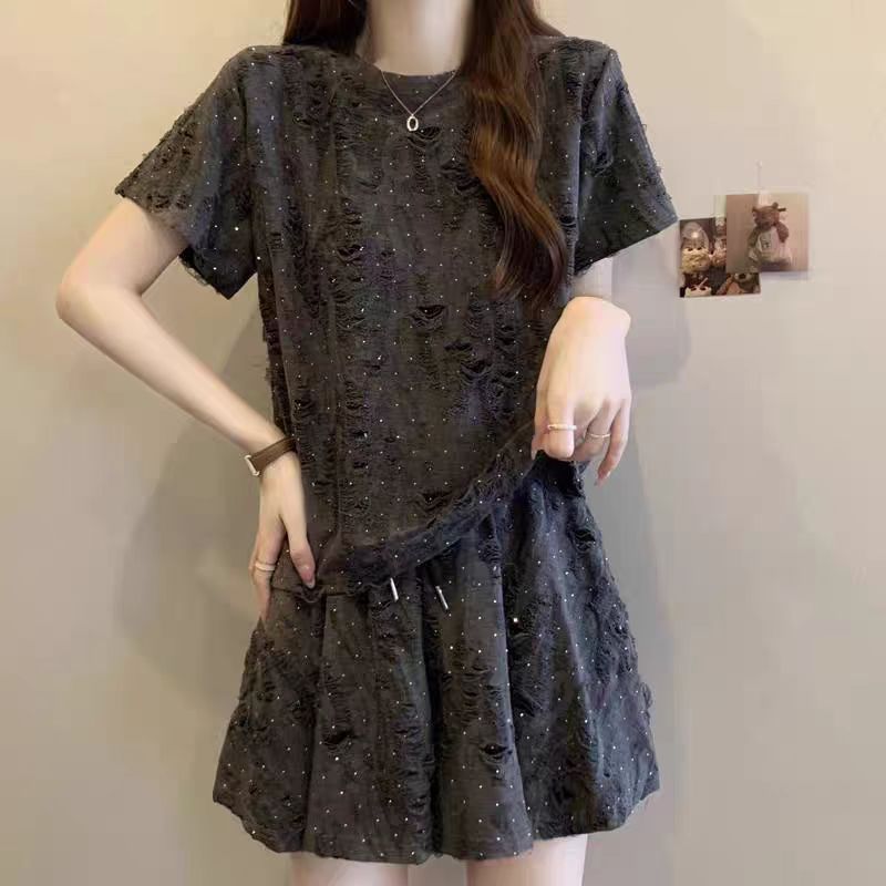 A62大码时尚休闲套装女夏季新款胖宽松显瘦短袖短裤破洞亮钻两件