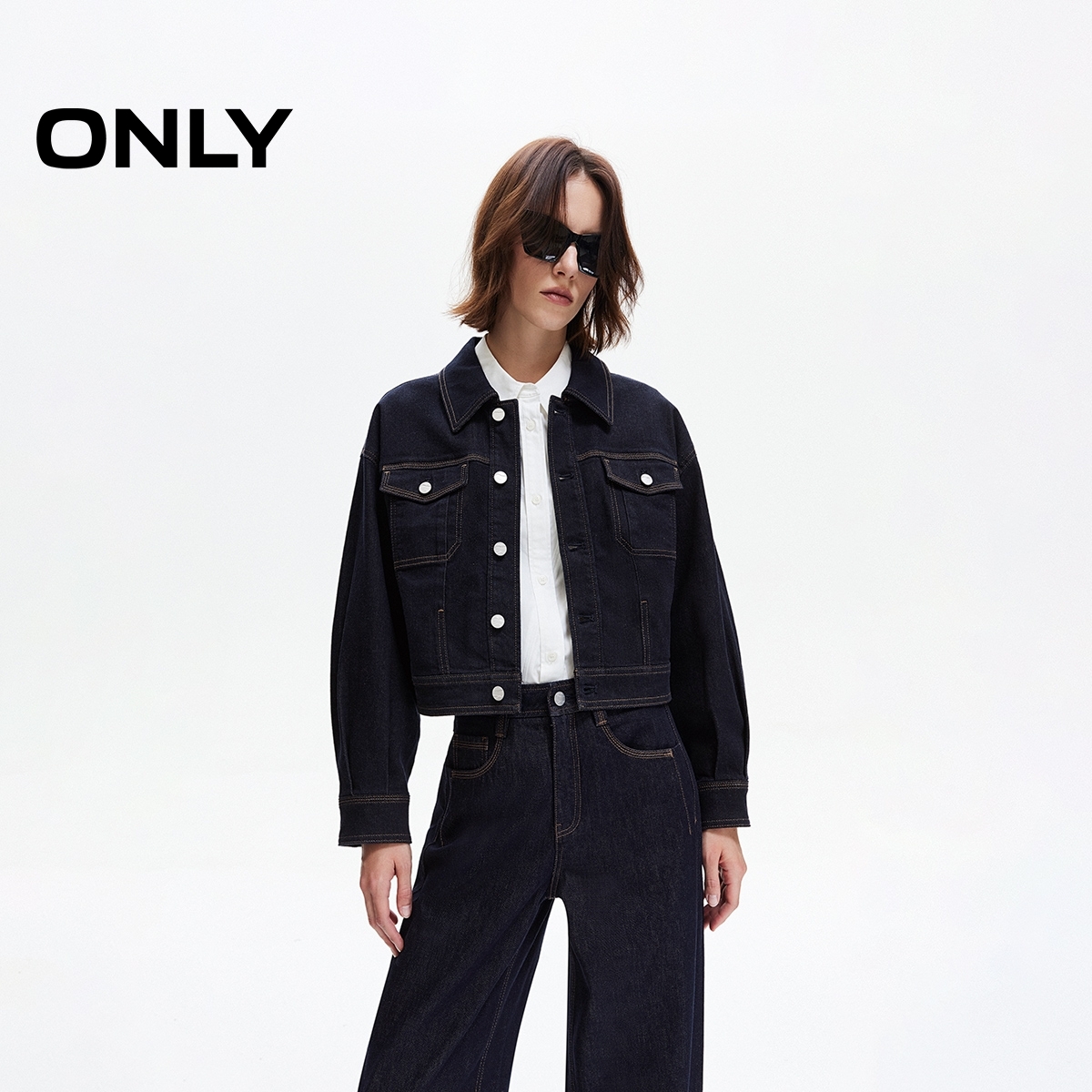 ONLY2025秋季新款翻领撞色明线短款牛仔春季工装外套女|125354009