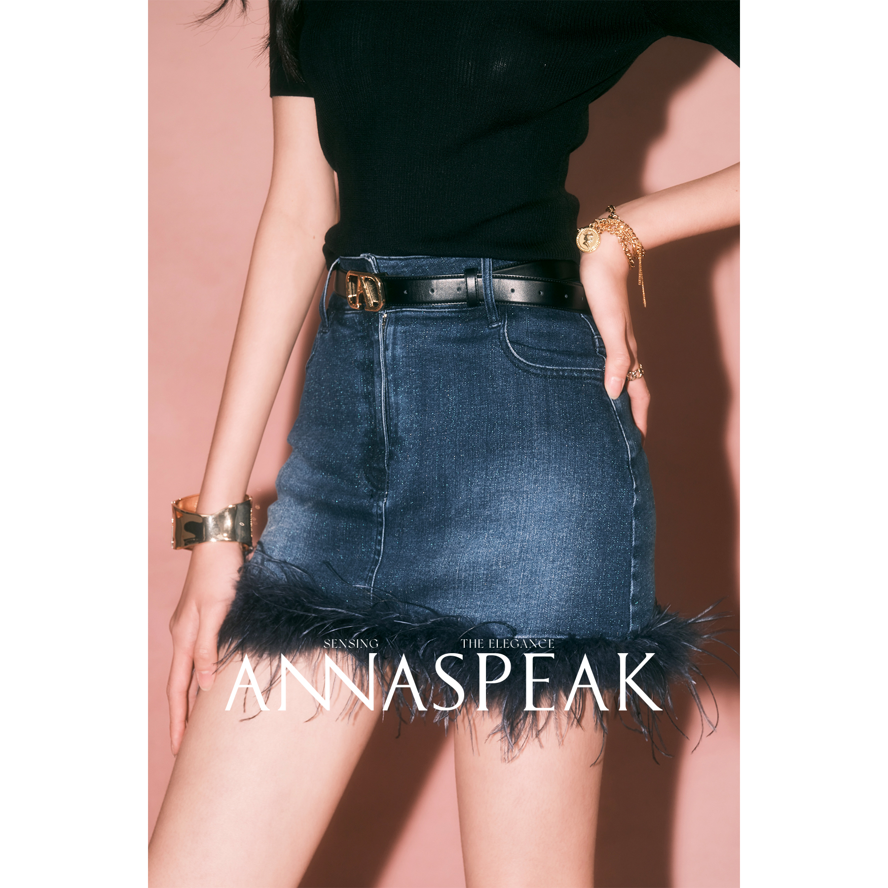 ANNASPEAK亮丝单宁 新疆长绒棉重工立裁A字时尚牛仔短裙裤夏季
