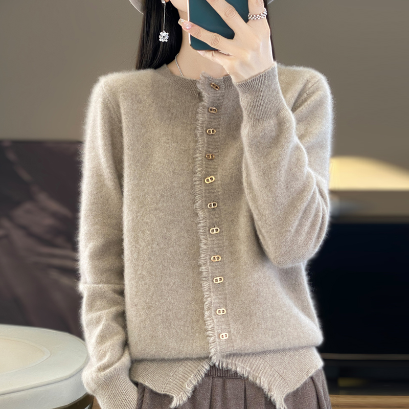 【流苏毛边】100羊毛圆领羊毛开衫女生轻奢百搭针织外套上衣