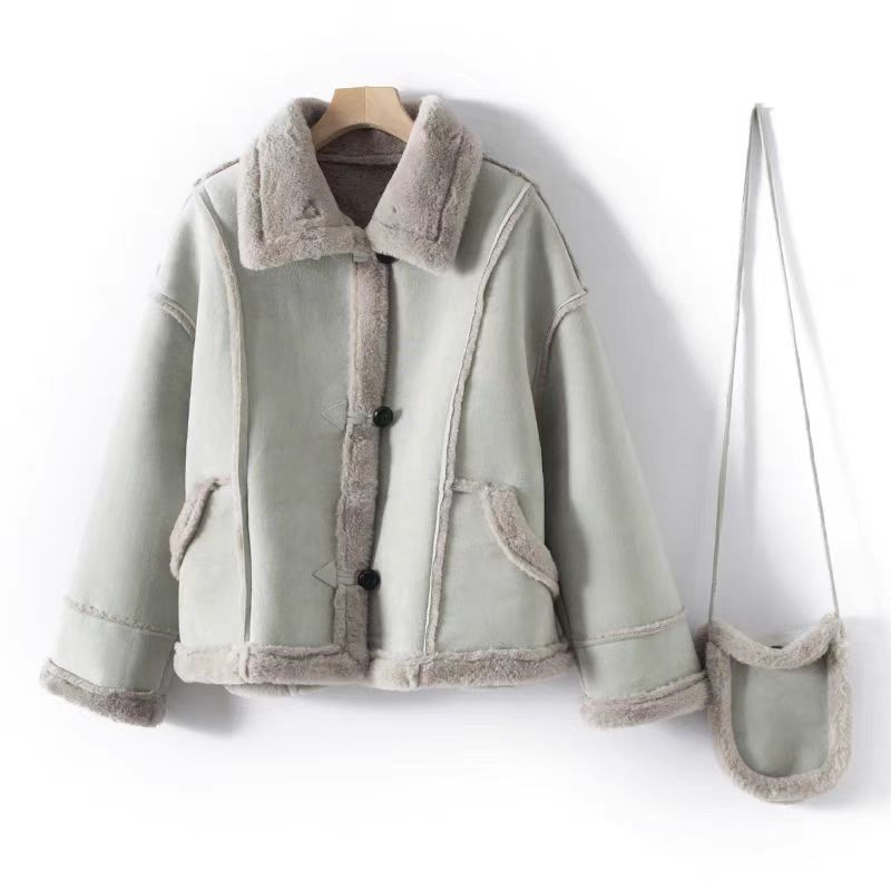 人造皮草 麂皮2024冬款短款仿皮毛一体外套