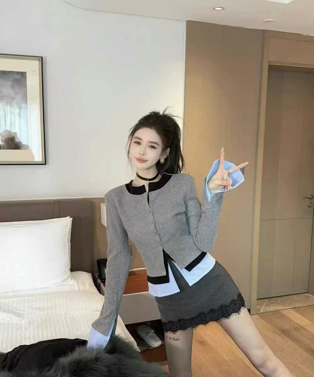 2025韩版叠穿撞色拼接设计款小衫