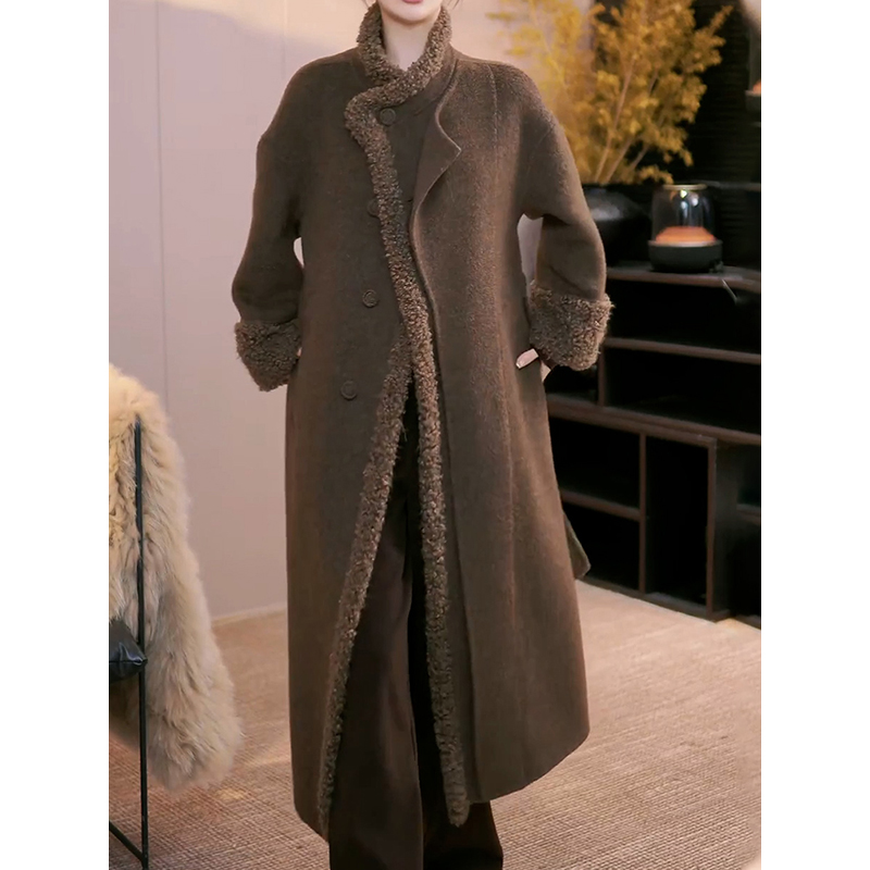 高级感慵懒减龄名媛风毛呢外套2025秋冬新款拼接系带宽松保暖大衣
