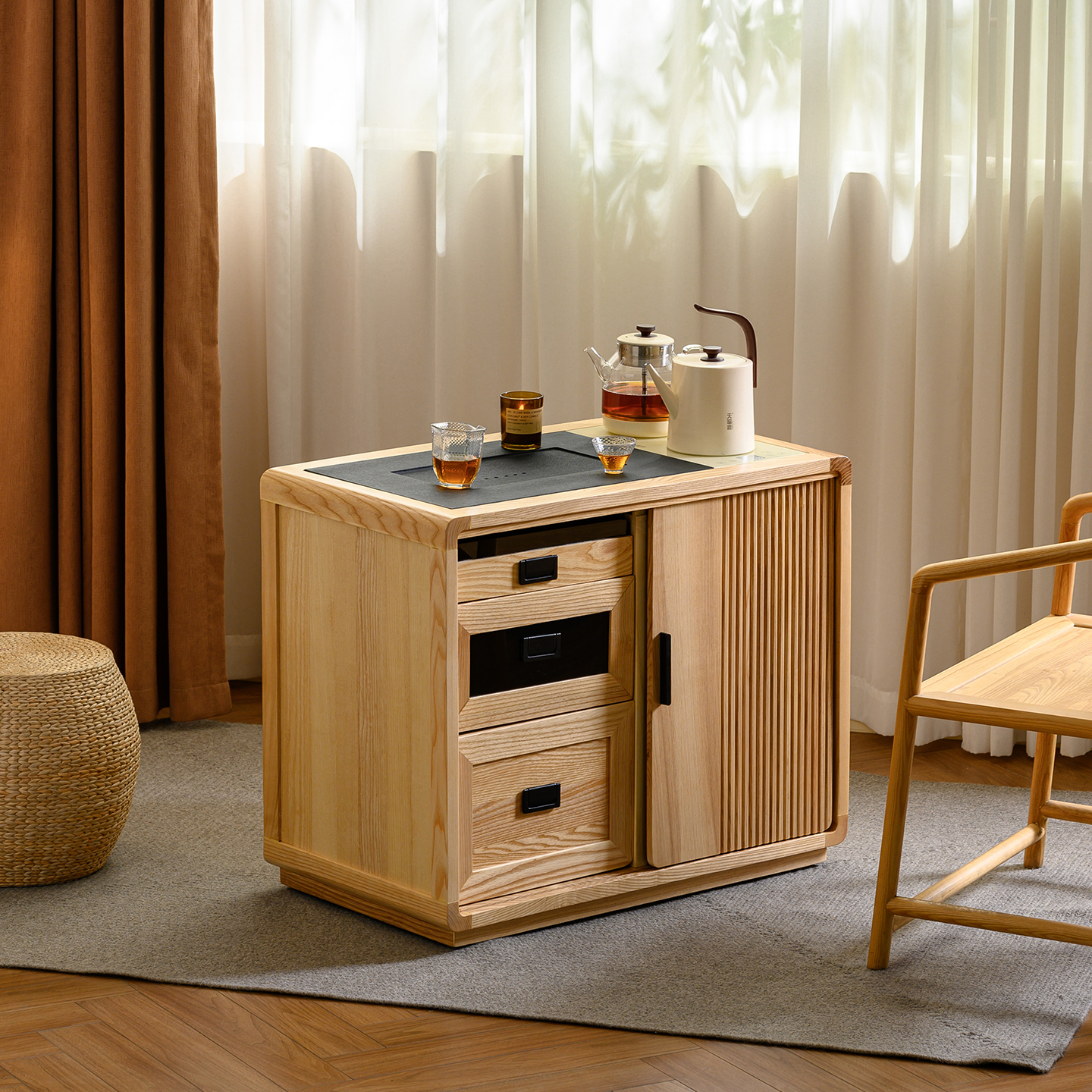 千木融白蜡木茶水柜茶具茶台一整套移动茶几茶桌侧边柜北欧收纳柜