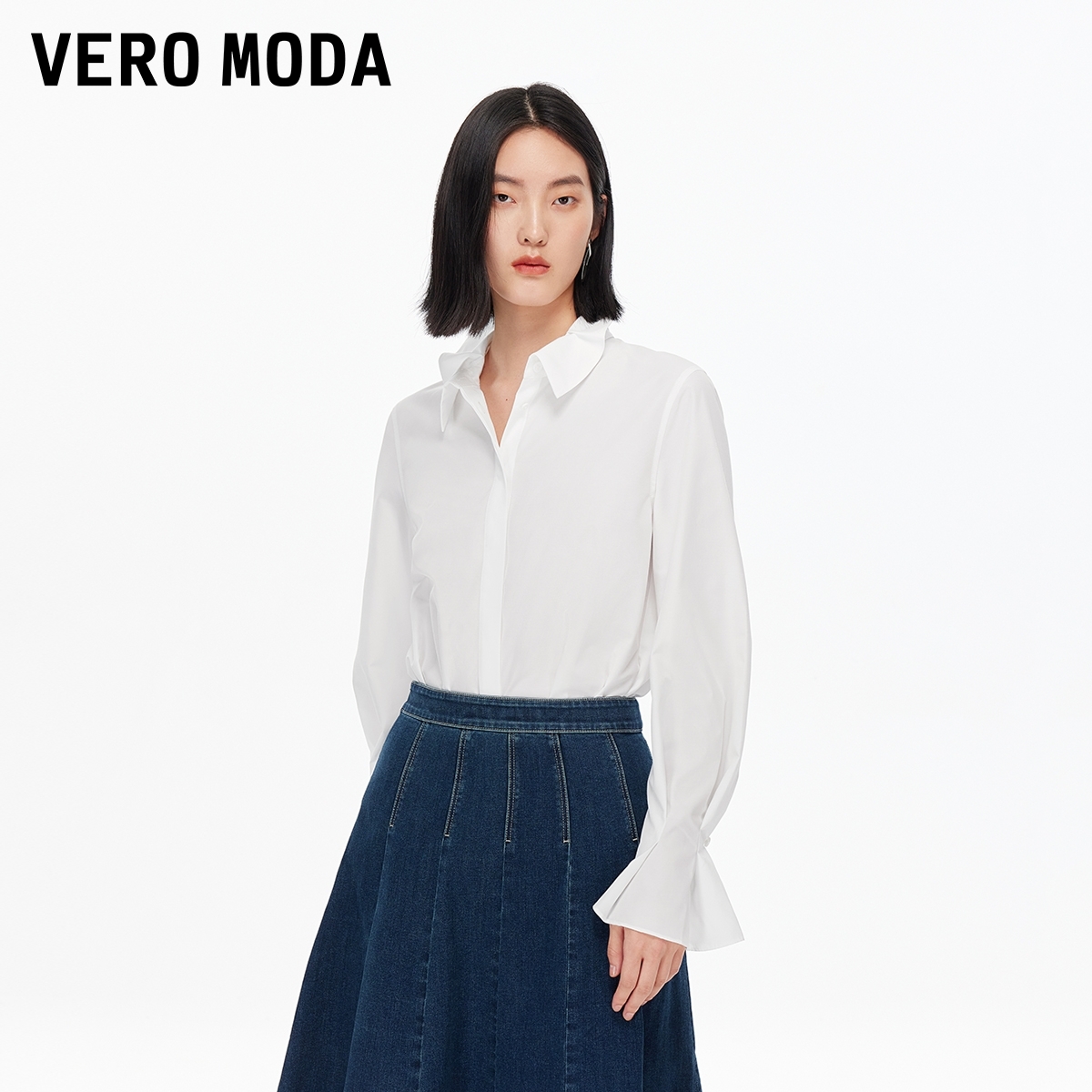 Vero Moda衬衫2025秋季新款含棉波浪立领直筒百搭白衬衫精致小众