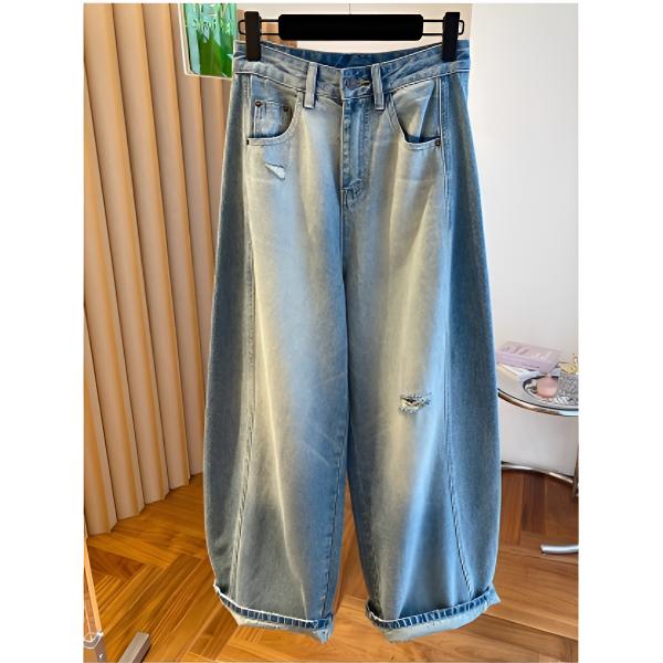 韩国东大门破洞弯刀阔腿牛仔裤女2025新款宽松高腰显瘦镰刀裤