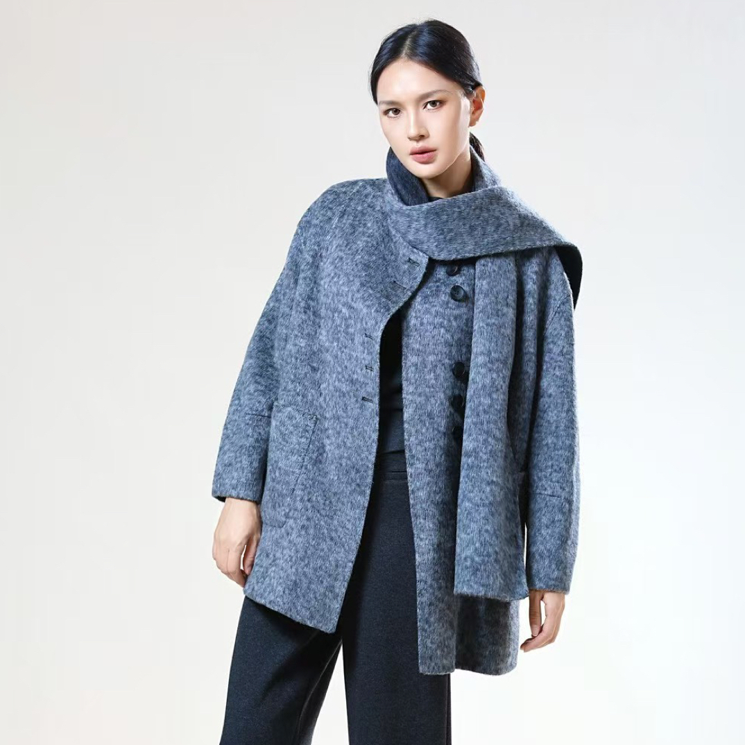 带围巾双面穿绵骆驼绒中长款宽松显瘦大衣