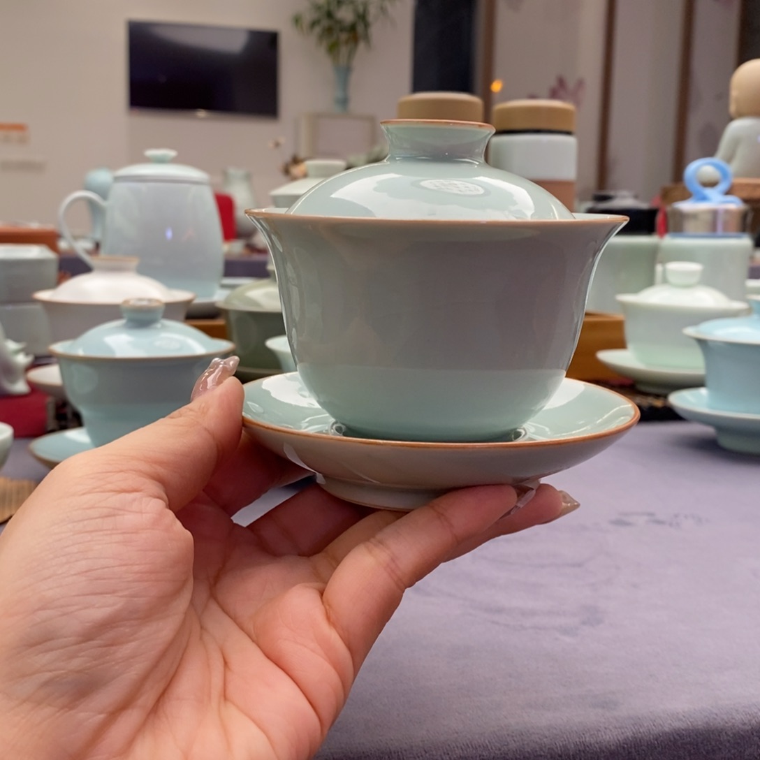 卵青色三才盖碗150ml廷怀窑
