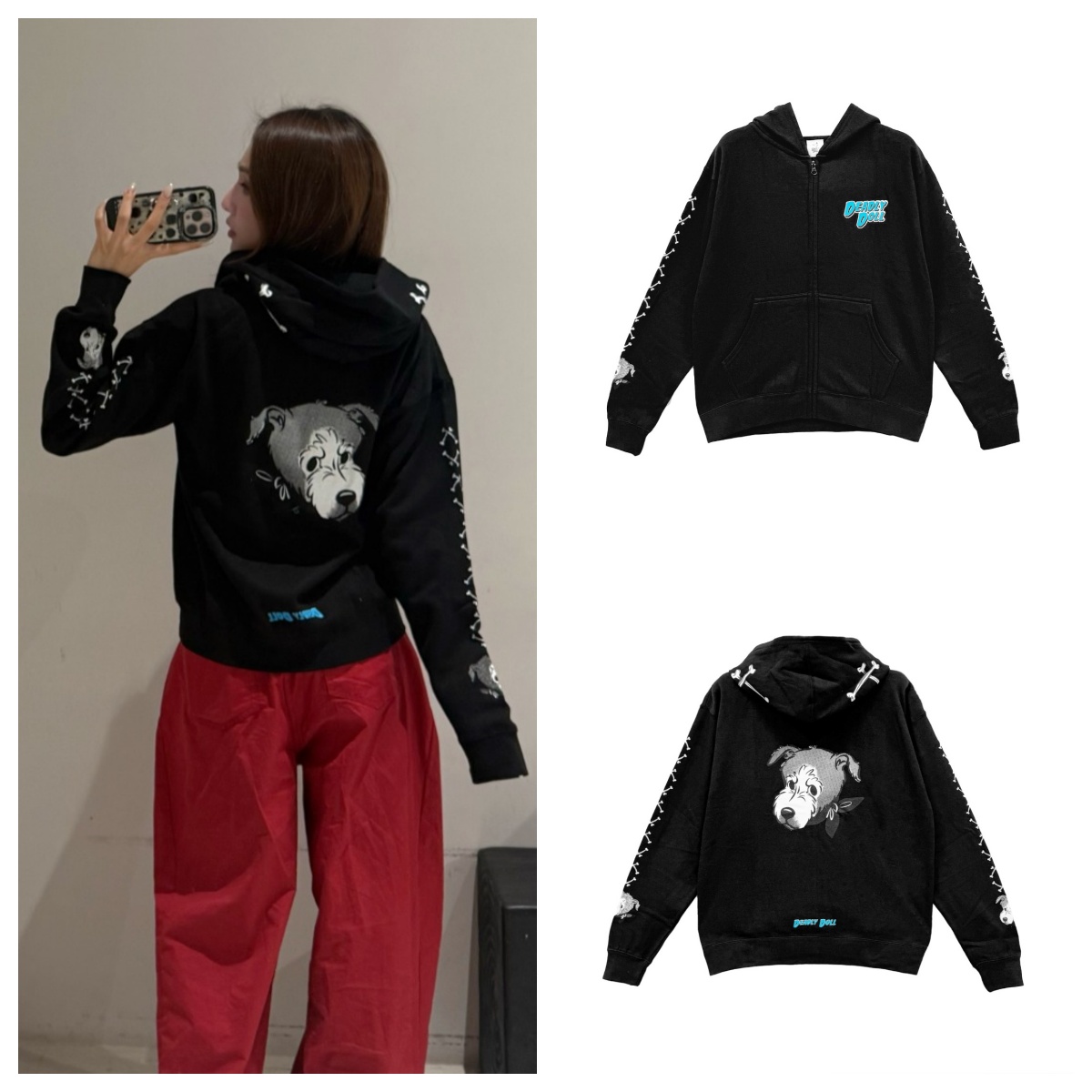 Deadly Doll 小狗漫画印花拉链帽衫 外套 黑色