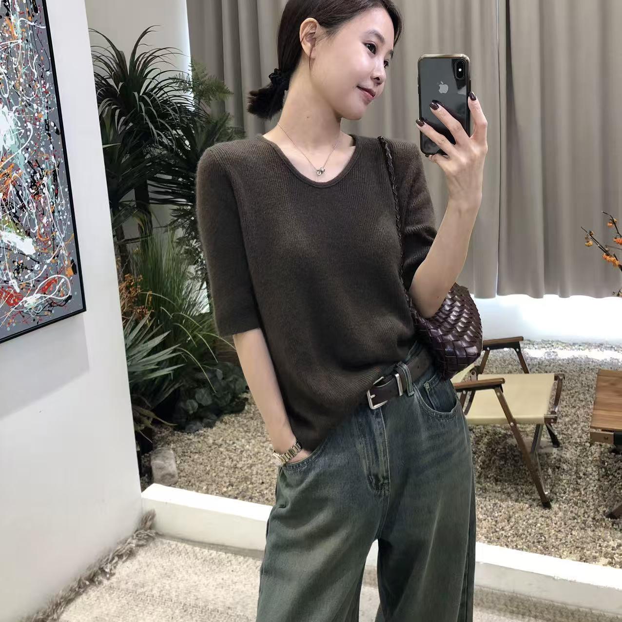 重磅！皇家羊毛针织衫女2025显瘦纯色毛衣早秋新款圆领中袖上衣女