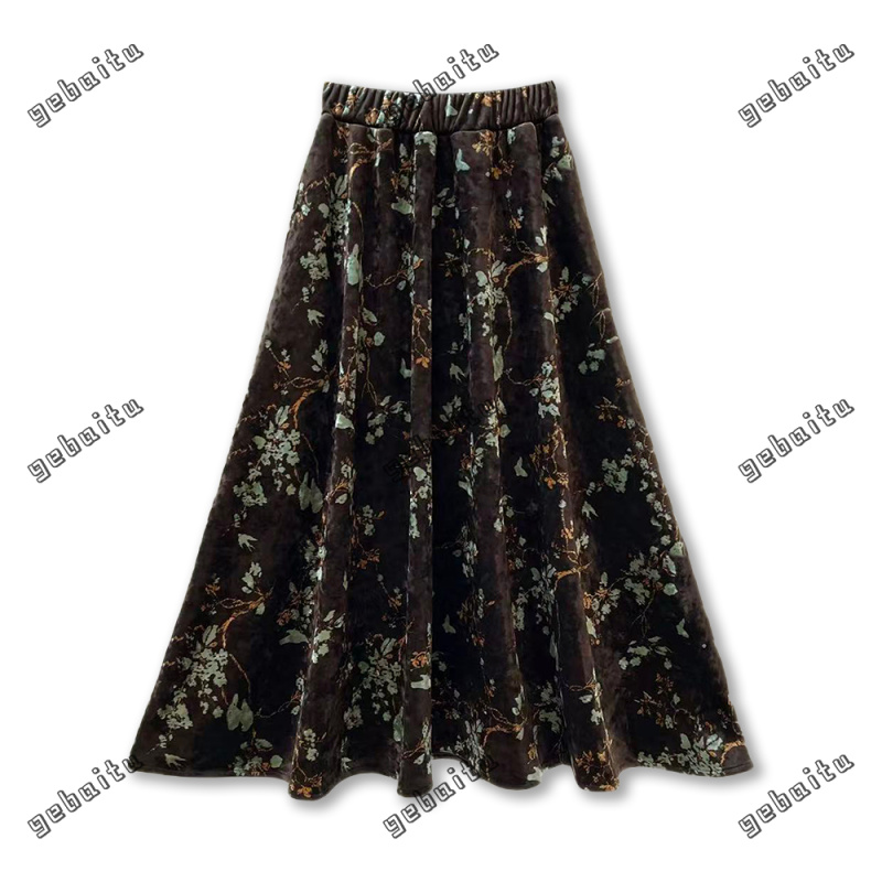 【GG专属】2025秋冬新款新中式国风丝绒印花半身裙松紧腰通勤D8425