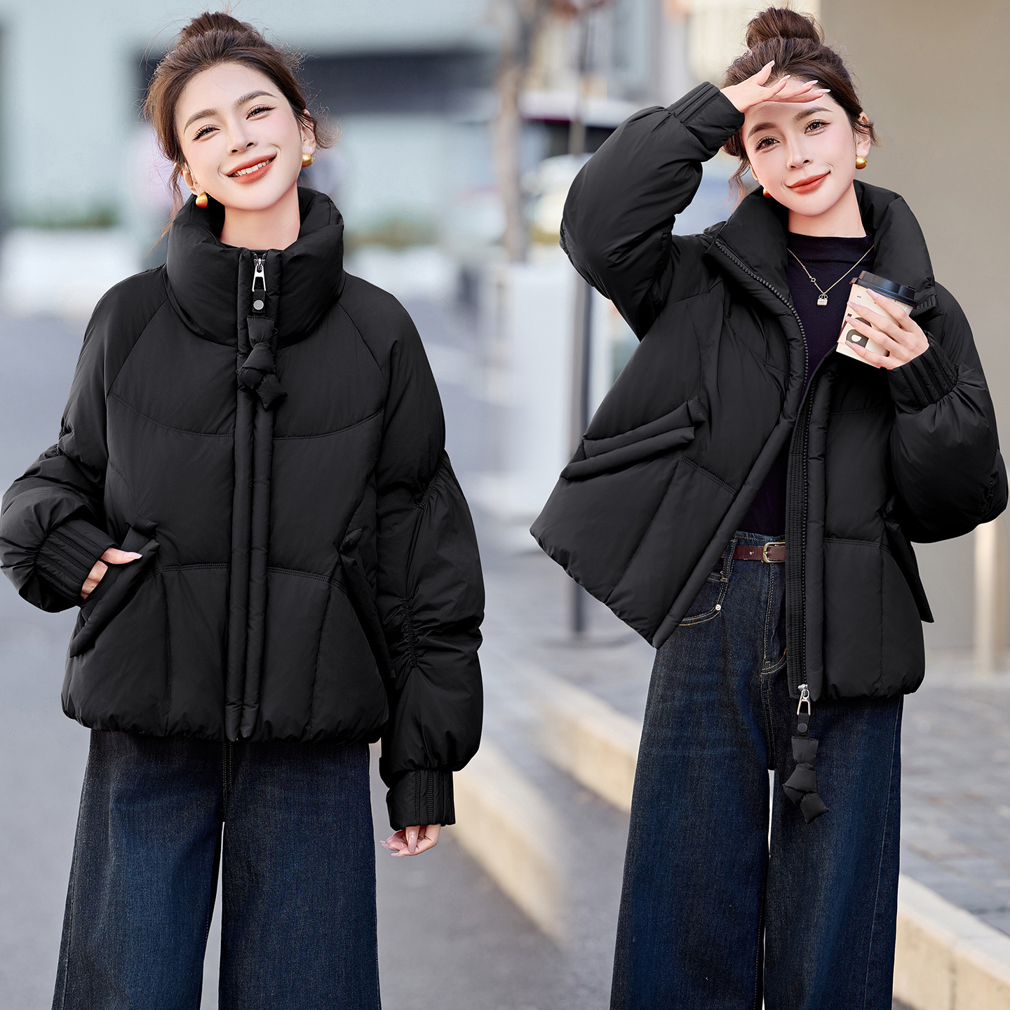 现货无帽立领保暖厚款白鸭绒羽绒服女