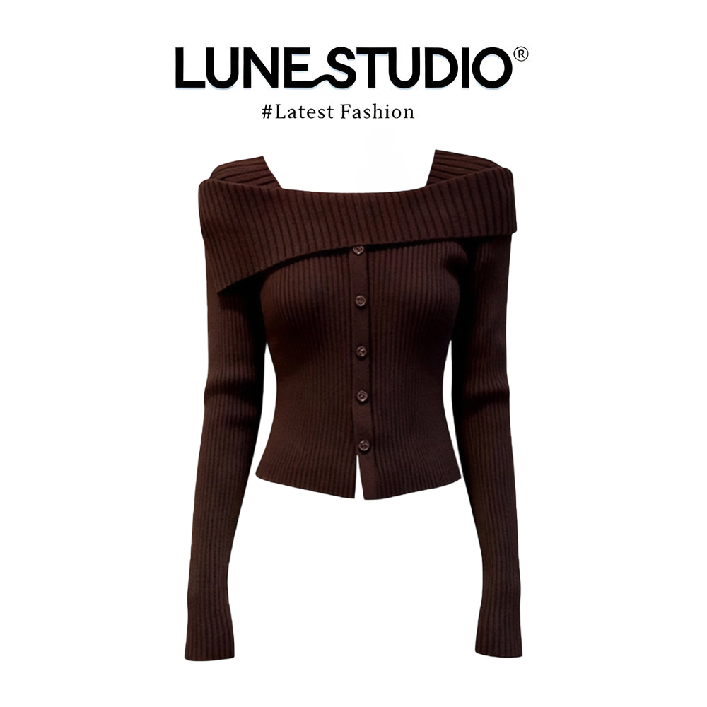 MARIE.COCO复古深棕露肩纽扣开衫坑条针织短款秋冬甜辣风显瘦上衣