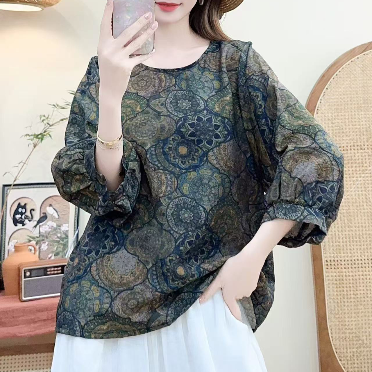 7038新款夏季优雅减龄碎花宽松显瘦T恤QZ