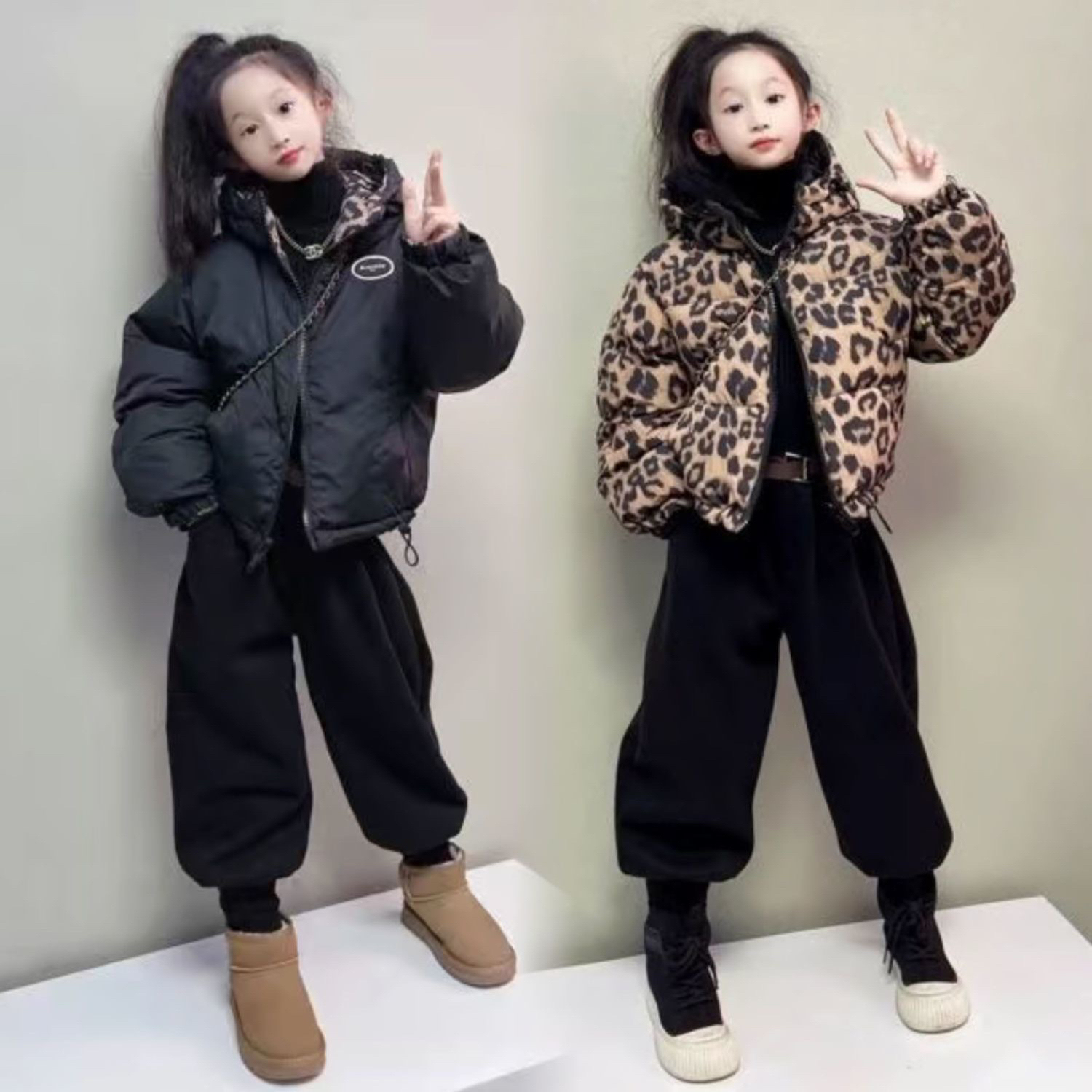女童豹纹羽绒棉服双面穿2025款冬季韩版洋气亲子装连帽面包服外套