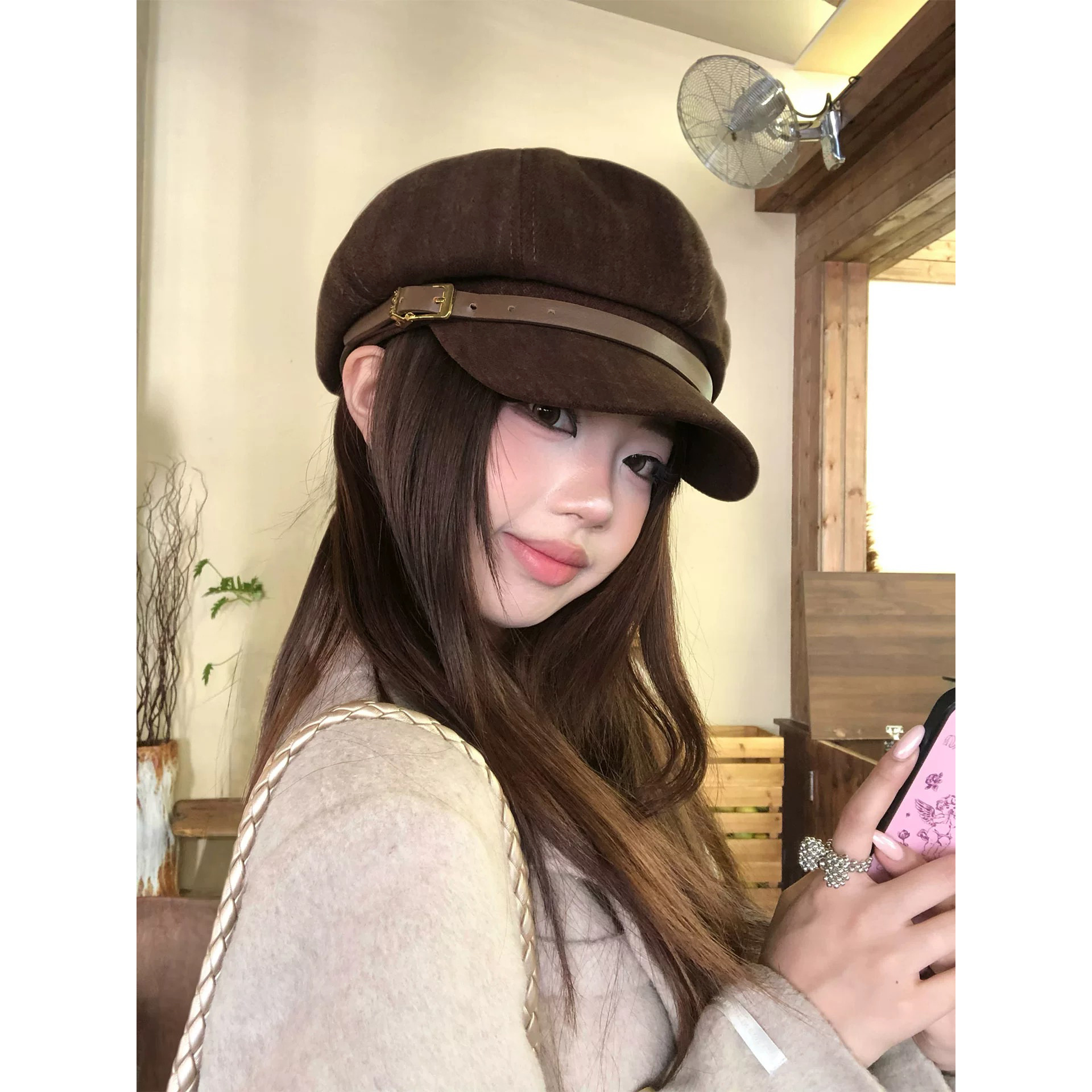 韩版气质百搭皮带扣八角帽女秋冬时尚报童帽高品质复古绒面画家帽