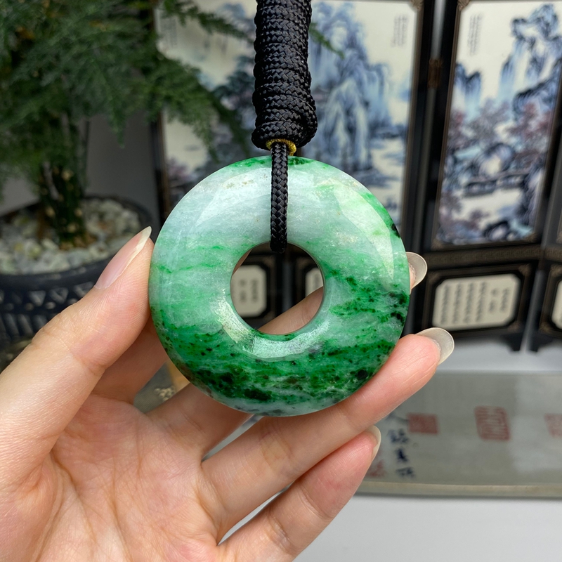 藓加绿飘绿怀古平安扣挂件 天然翡翠A货 
