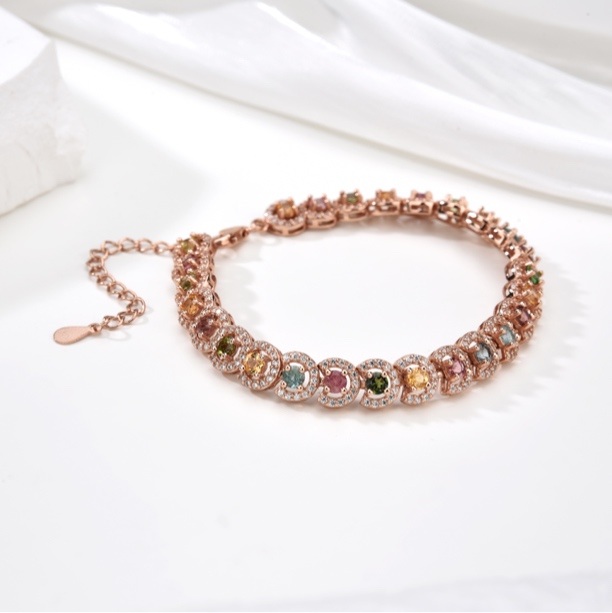 （桃）925银镶嵌天然彩虹糖果碧玺巴西手链（多样性发货）