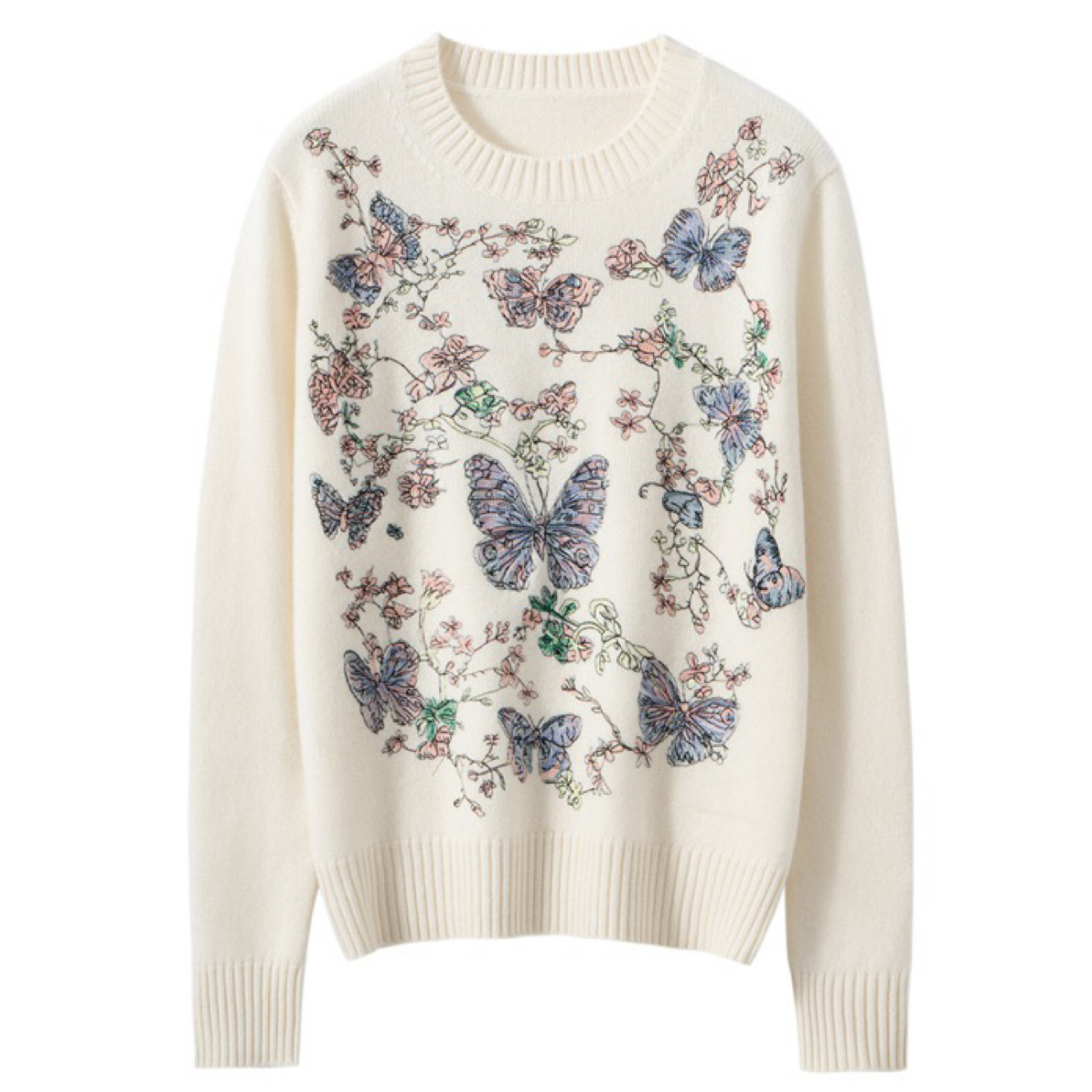 100%山羊绒圆领蝴蝶刺绣复古宽松加厚针织上衣女冬季ZW-25175