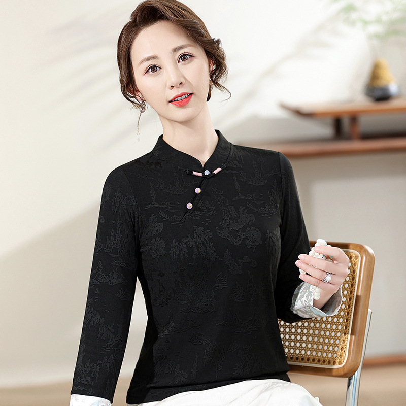 新中式立领T恤春季轻奢妈妈装轻国风斜襟盘扣打底衣小衫气质洋气