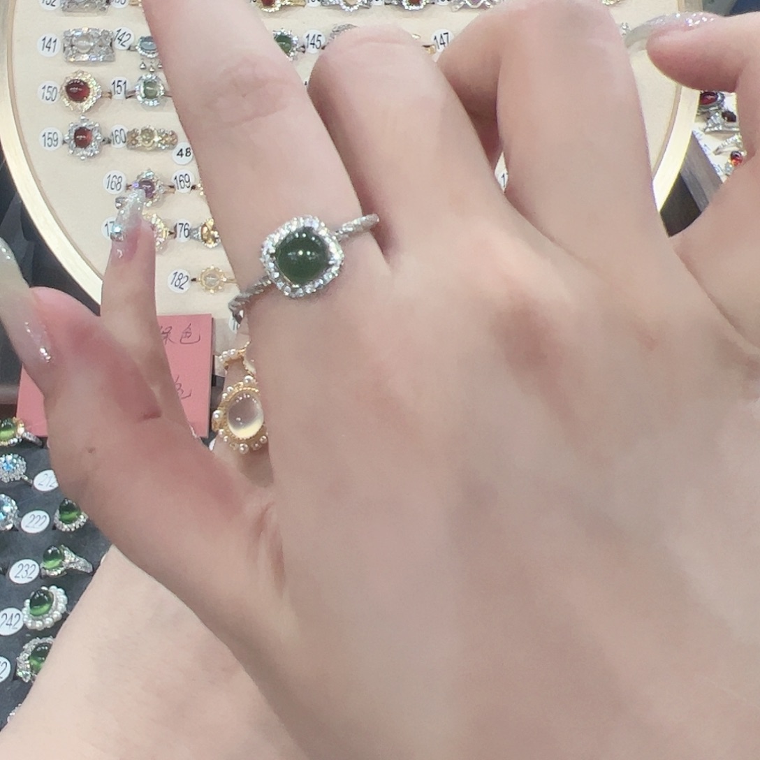 蛇纹石玉戒指银S925镶嵌暖*暖