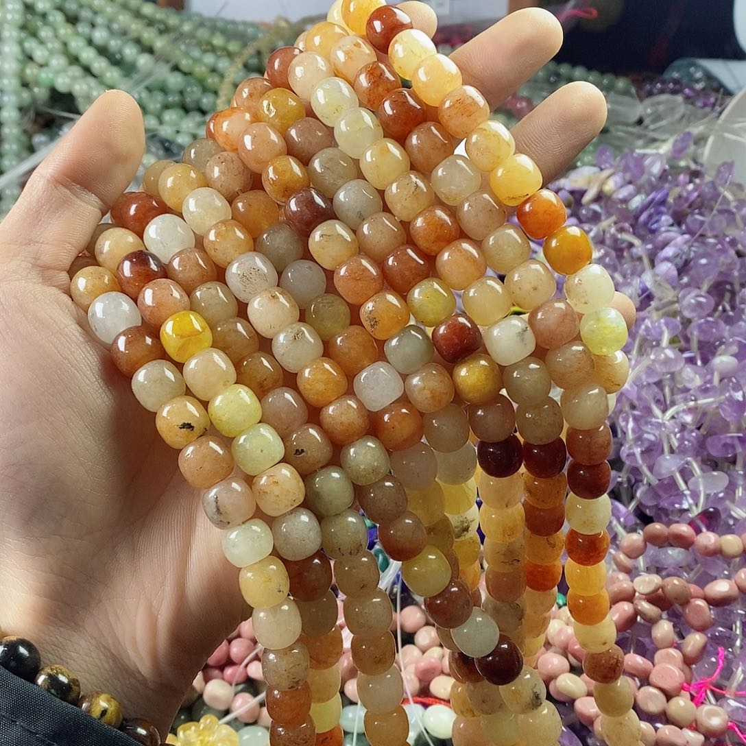 玛瑙/玉髓珠宝半成品未镶嵌一条天然8×10金丝玉鼓珠