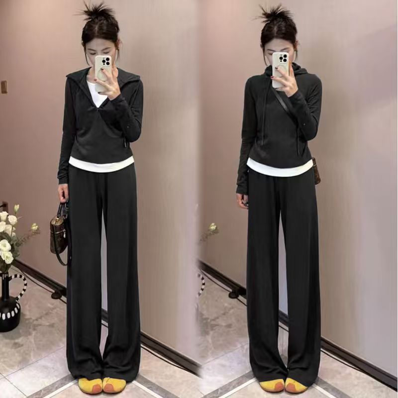 2025新款洋气女拼接连帽上衣半拉链休闲套装显瘦时尚裤子两件套女