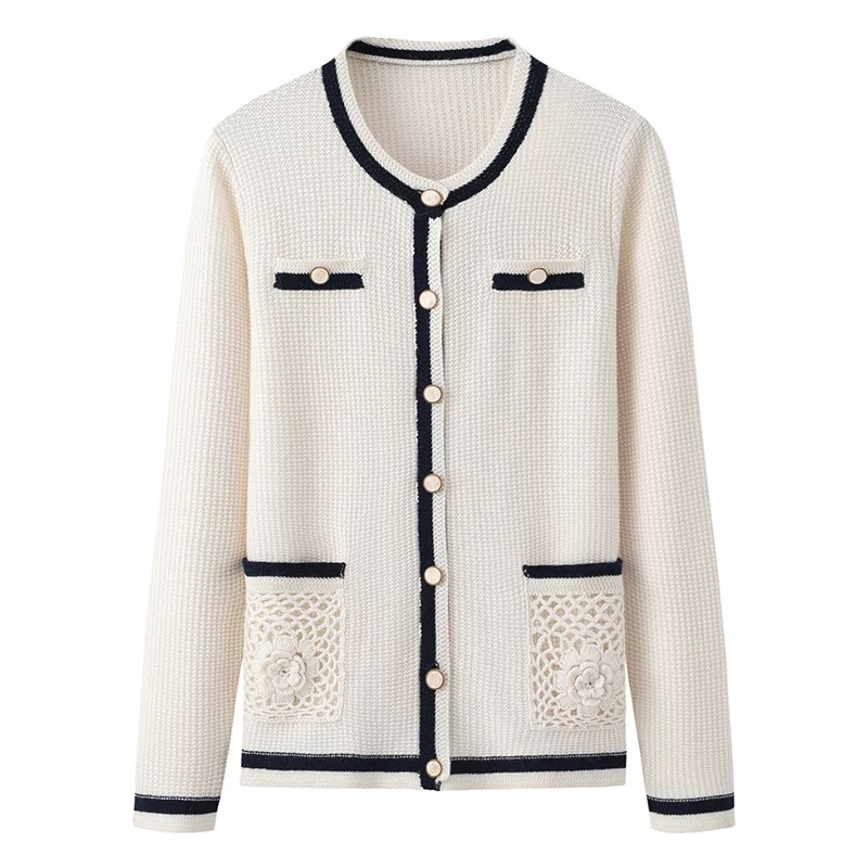 9057春季小香中长款风重工立体钩花针织开衫