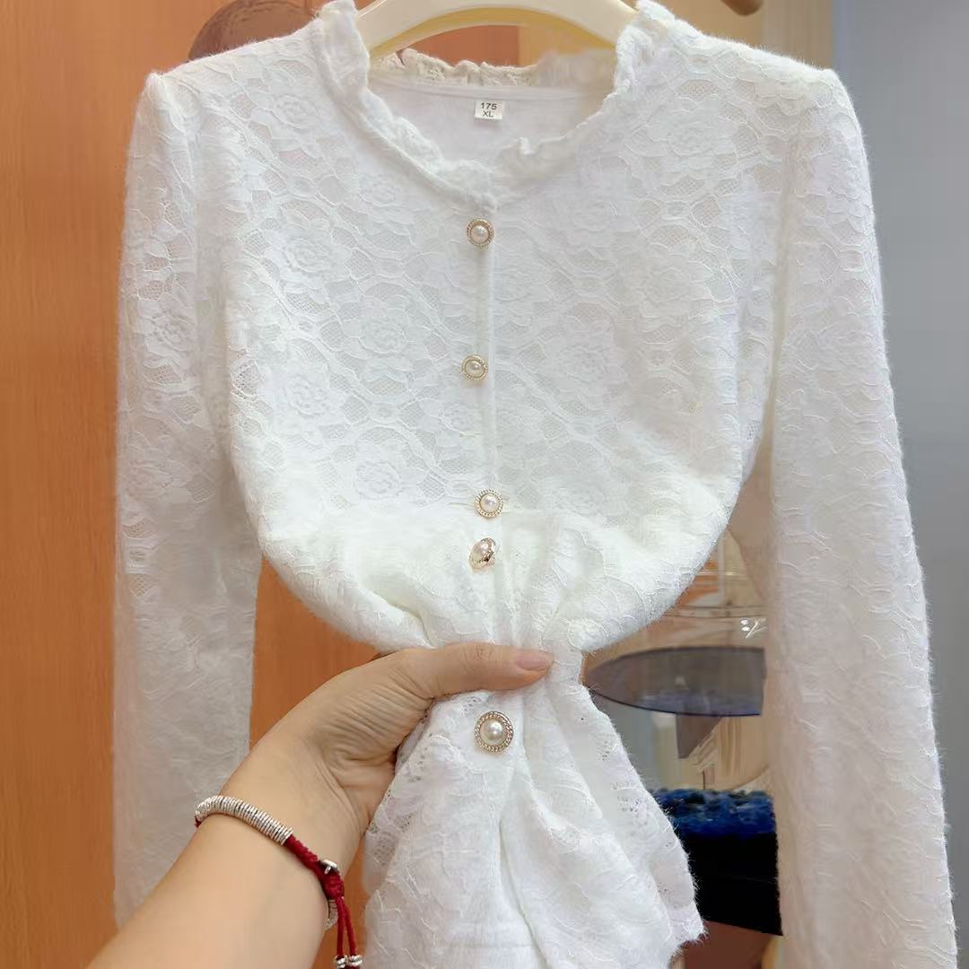 裙摆圆领花边加绒大码长袖宽松减龄保暖打底漂亮套头水貂绒蕾丝衫