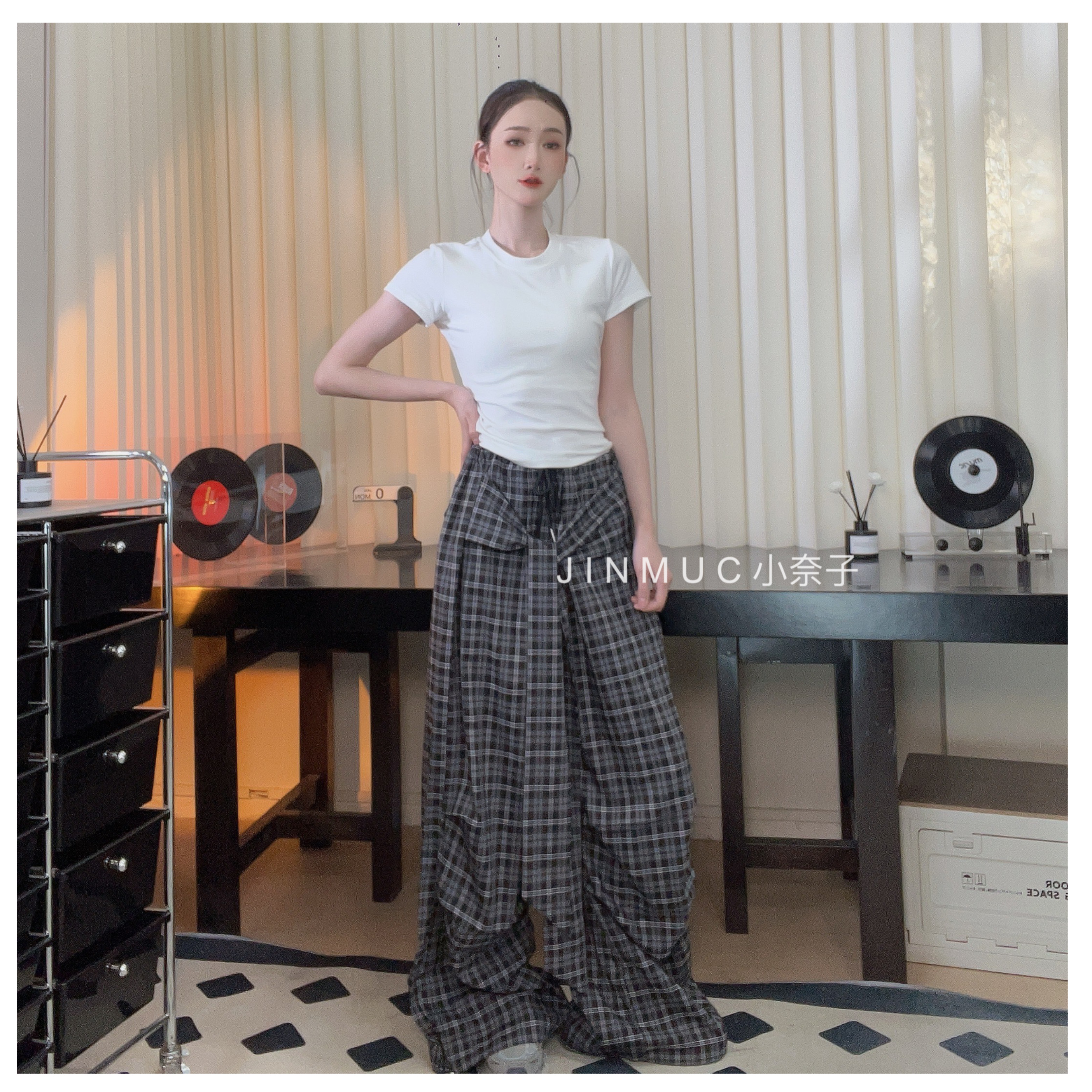 【小奈】复古格纹绑带休闲裤