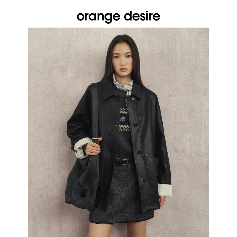 desire一手长小翻领皮衣短外套拼接翻折袖口OD2EWWJ6156