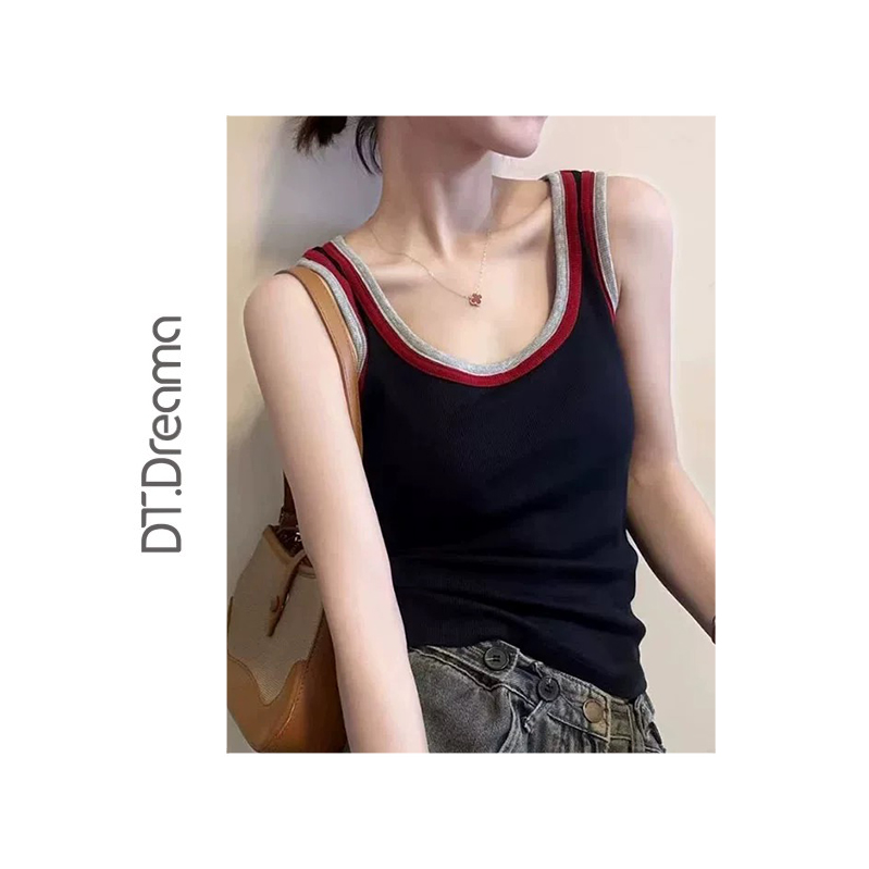 休闲撞色拼接复古无袖吊带背心女秋季内搭打底外穿上衣