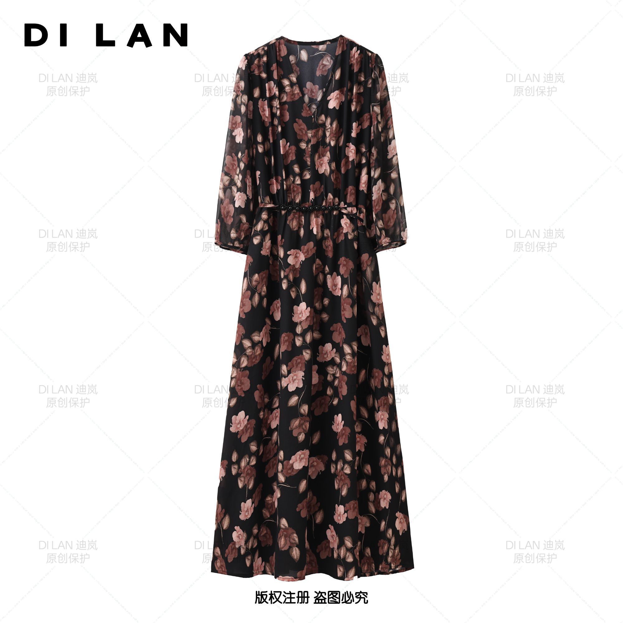 【玫瑰庄园A】优雅网红连衣裙中袖法式碎花裙V领法式时尚2554