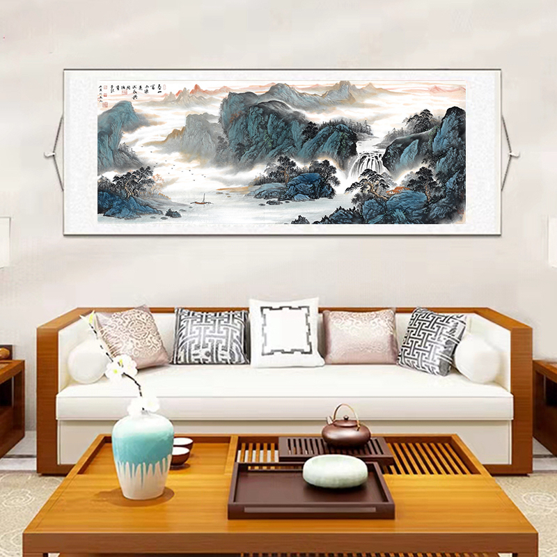 春山富水260*80横幅国画适合客厅办公室卧室茶室背景墙装饰画