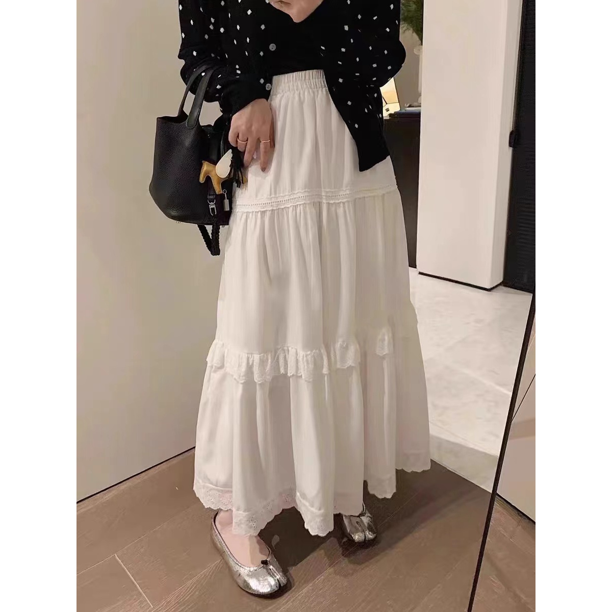 甜美蕾丝花边拼接蛋糕裙女春夏松紧腰中长款纯色显瘦a字半身裙