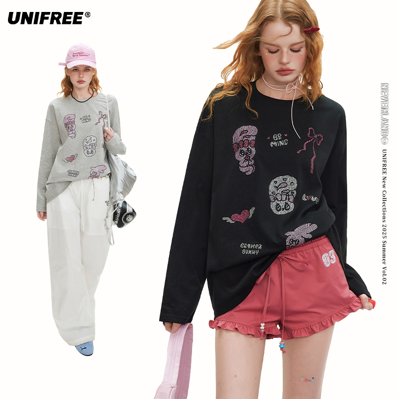 【金拐子专属】UNIFREE宽松烫钻长袖T恤U251G631P1G1